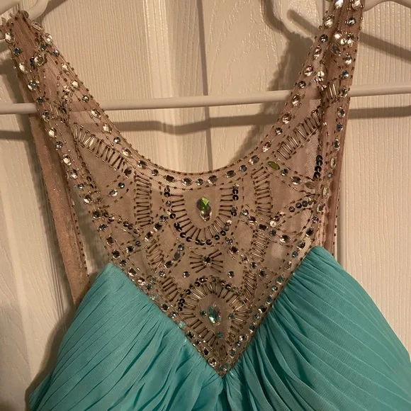 Xscape Aqua Dress with Beaded Straps - Picture 2 of 9